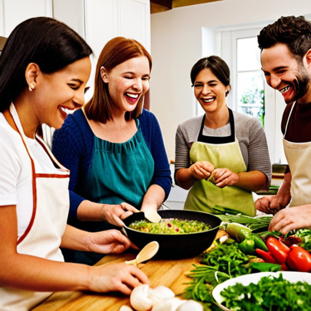 **Cooking Class Gathering**: An inviting kitchen scene filled with a diverse group of people joyfully cooking together, sharing recipes, and laughing. Fresh herbs and colorful vegetables are visible, creating a warm and vibrant atmosphere that highlights the social experience of cooking.
