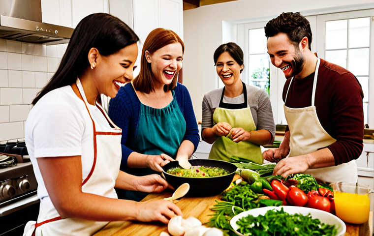 **Cooking Class Gathering**: An inviting kitchen scene filled with a diverse group of people joyfully cooking together, sharing recipes, and laughing. Fresh herbs and colorful vegetables are visible, creating a warm and vibrant atmosphere that highlights the social experience of cooking.