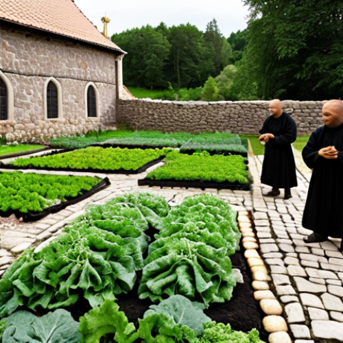 Home 11 **Medieval Monastery Garden:** A serene image of a medieval monastery garden in Sweden, showcasing monks tending to various vegetables like kale, cabbage, and onions. The garden is enclosed by stone walls, with a small herb garden featuring thyme and parsley in the foreground. Soft, natural lighting highlights the textures of the plants and the stonework, emphasizing the historical importance of monasteries in preserving vegetable cultivation.
