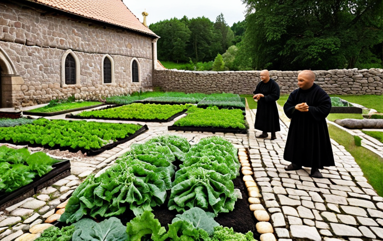 **Medieval Monastery Garden:** A serene image of a medieval monastery garden in Sweden, showcasing monks tending to various vegetables like kale, cabbage, and onions. The garden is enclosed by stone walls, with a small herb garden featuring thyme and parsley in the foreground. Soft, natural lighting highlights the textures of the plants and the stonework, emphasizing the historical importance of monasteries in preserving vegetable cultivation.
